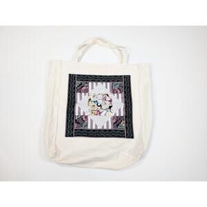 Vintage Cat Tote Bag Beige Canvas Patchwork Pocket